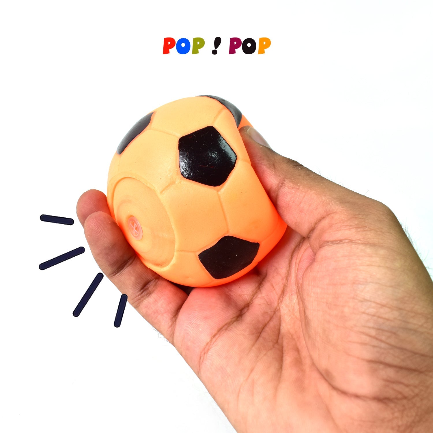 Wukusy sports squeeze balls for kids shaped like an orange and black soccer ball being squeezed in hand