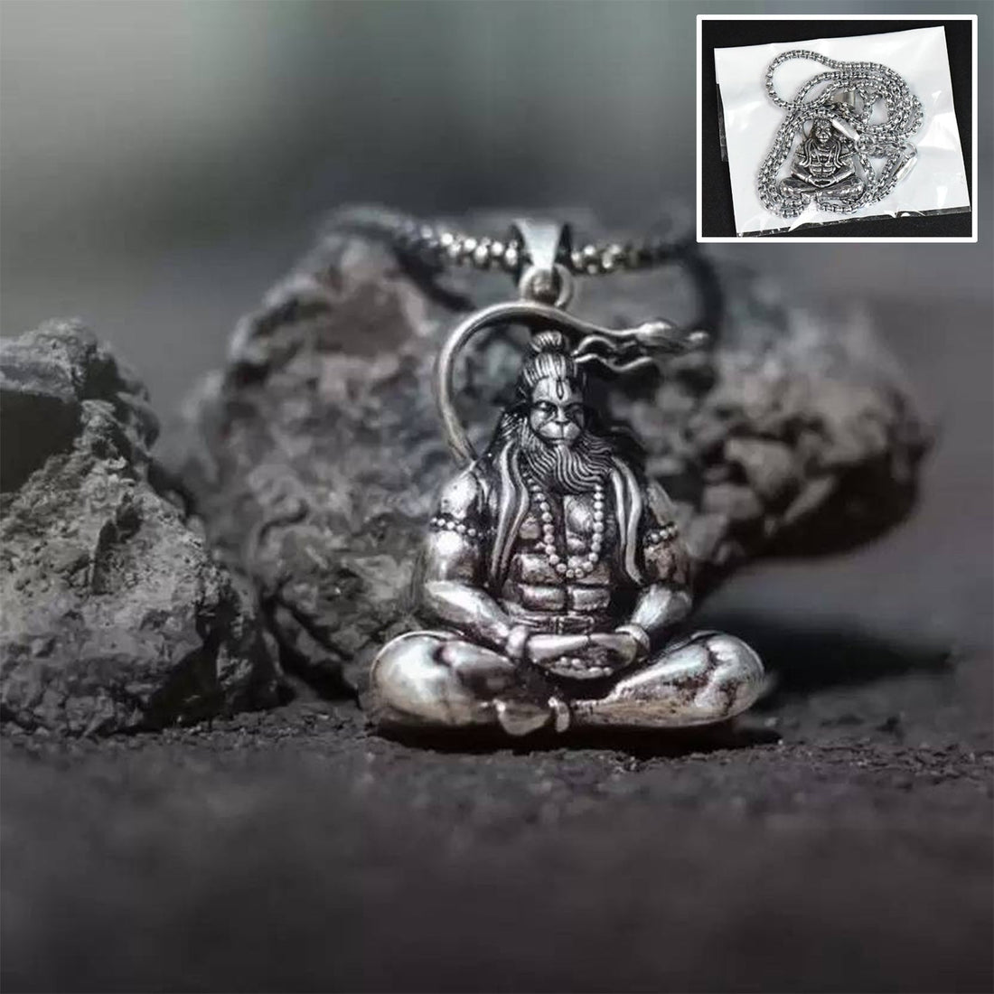 Wukusy Hanuman ji pendant for men silver bracelet featuring detailed deity design on rocky background