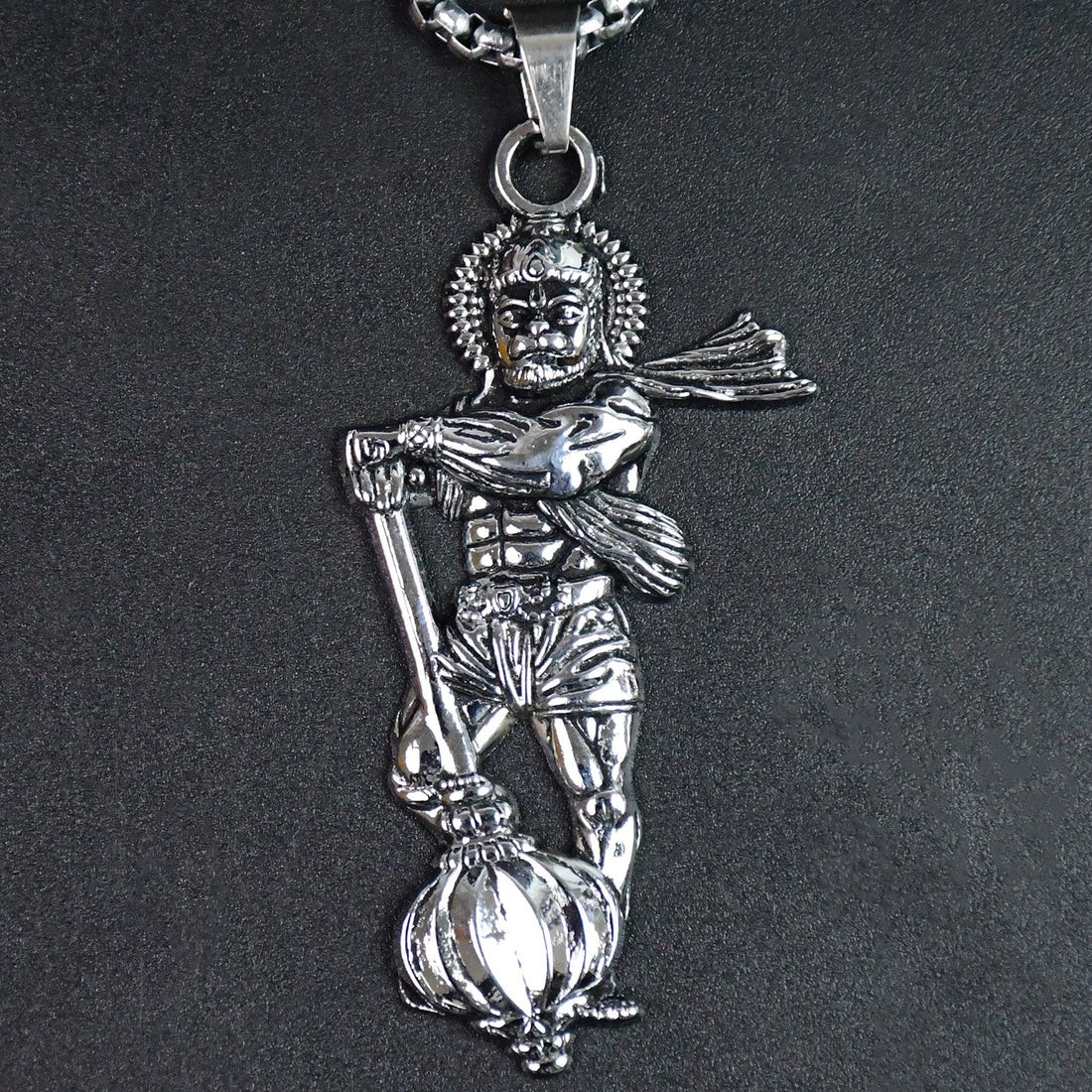 Wukusy silver bracelet featuring a detailed Hanuman ji pendant with a sturdy chain