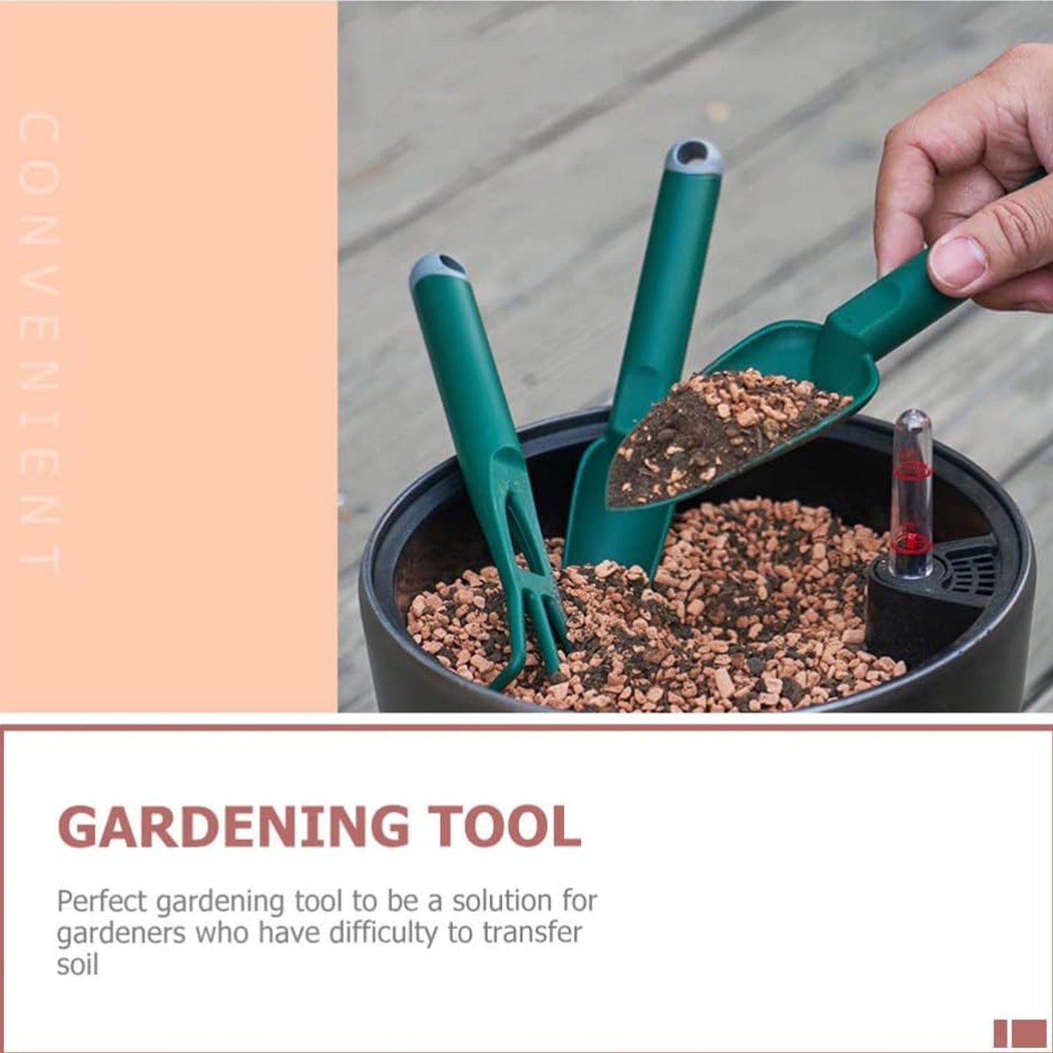 Wukusy heavy duty garden hand trowel with green handle scooping soil in black planter
