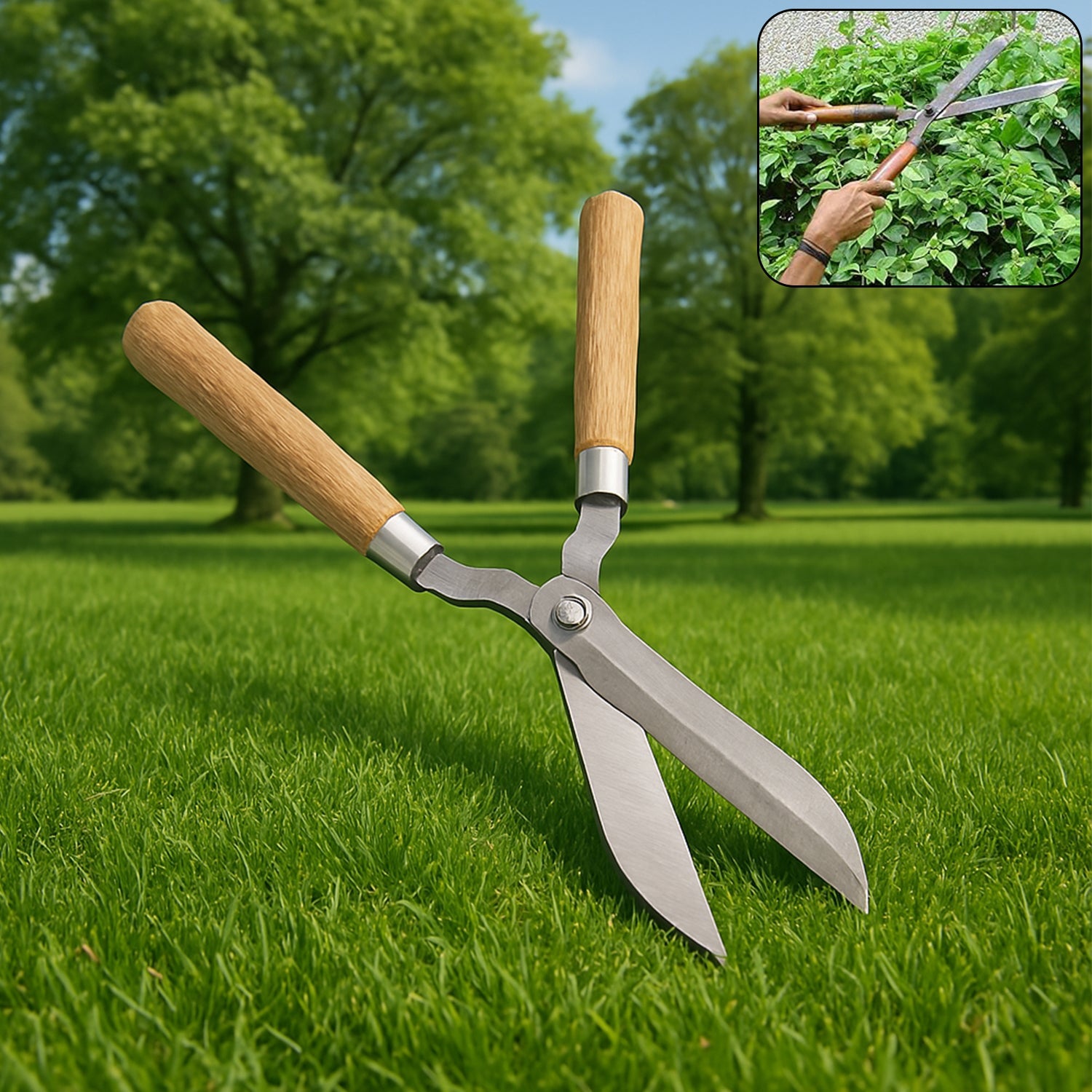Wukusy heavy-duty hedge shears with wooden handles and sharp steel blades for garden trimming
