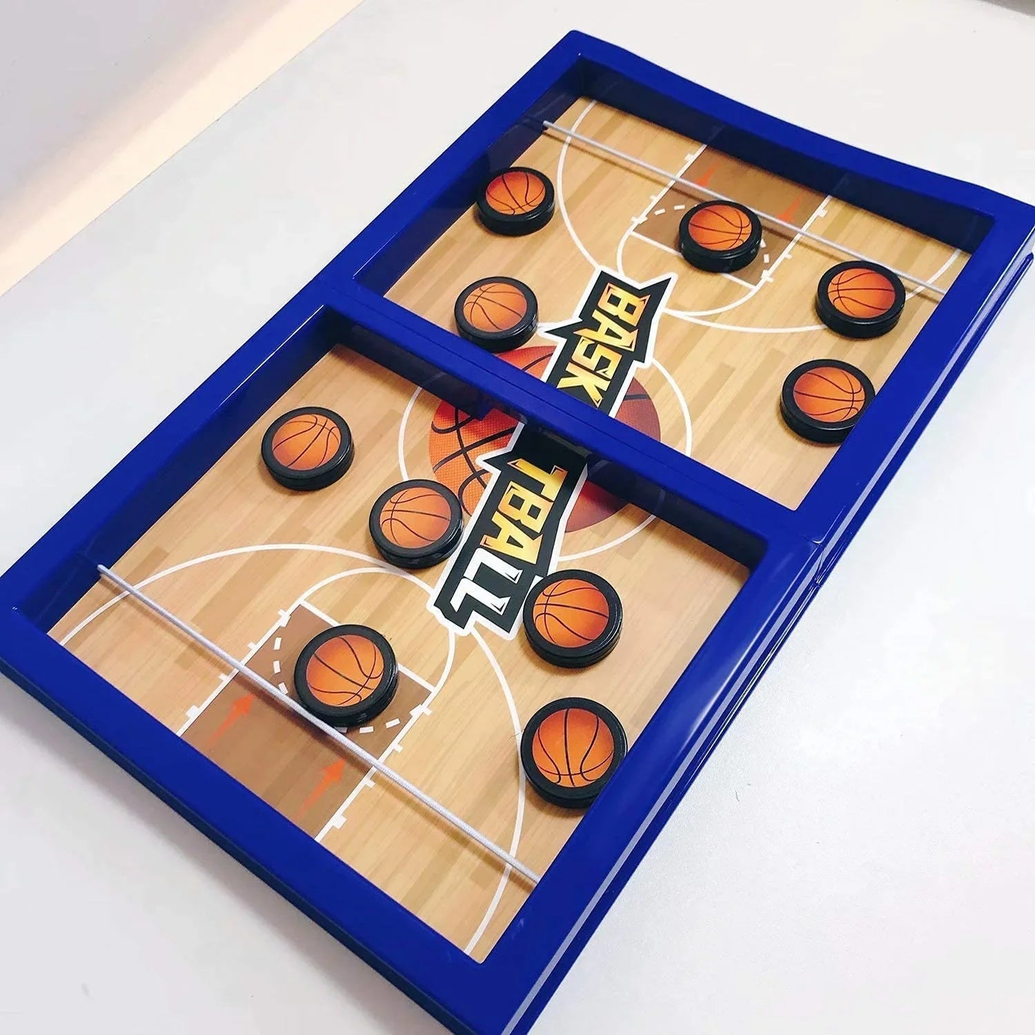 Ice Hockey Table Battle Game for Kids Fun - Market FindsMarket Findsice hockey table battle game featuring a blue frame and basketball - themed pucks on a wooden court