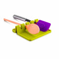 Kitchen Utensil Holder with Drip Tray, Green - Market FindsMarket Findsgreen kitchen utensil holder with slots holding wooden spoon and purple spatula