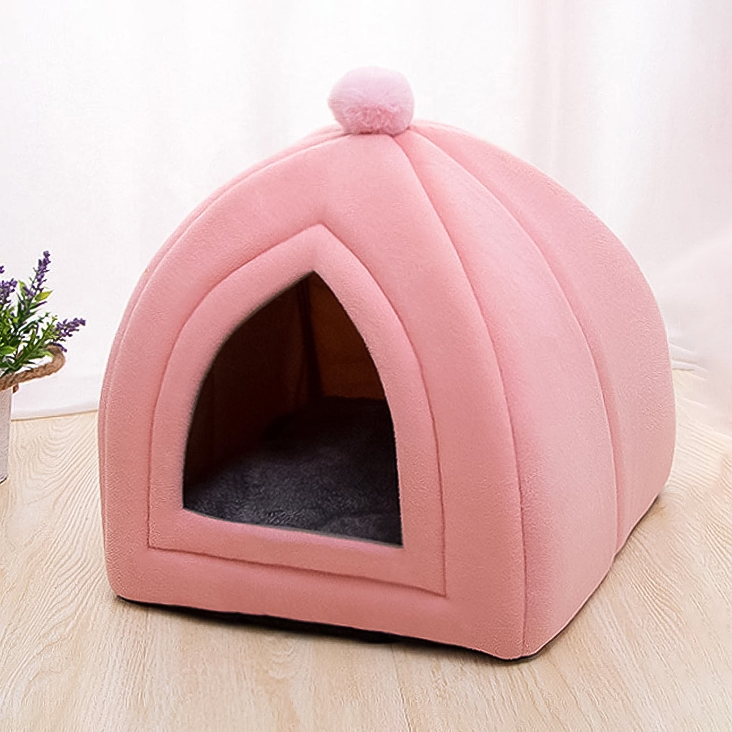 Wukusy pink luxury pet tent bed with soft plush interior and cozy dome shape for small pets