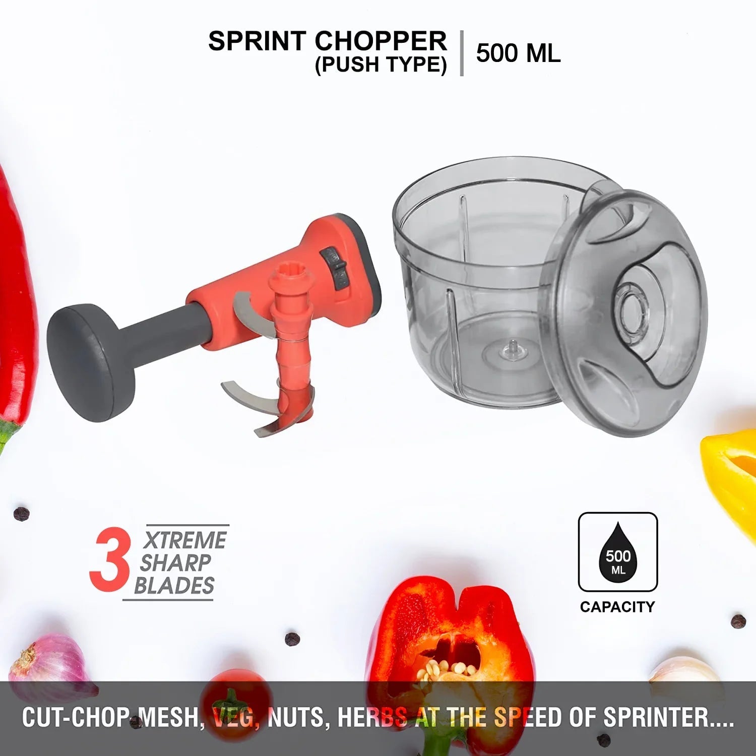Manual Hand Press Chopper for Easy Kitchen Prep - Market FindsMarket Findsmanual hand press chopper with three sharp blades and 500ml capacity for cutting vegetables nuts and herbs