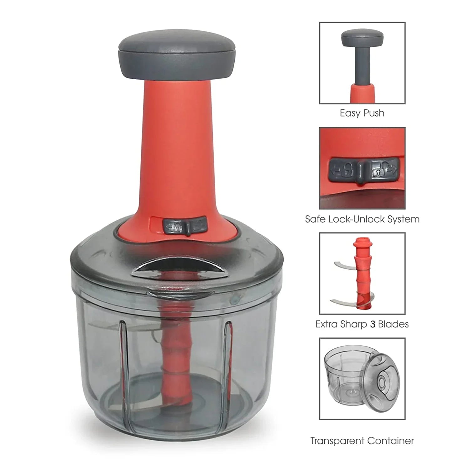 Manual Hand Press Chopper for Easy Kitchen Prep - Market FindsMarket Findsmanual hand press chopper with safe lock system and extra sharp 3 blades in transparent container