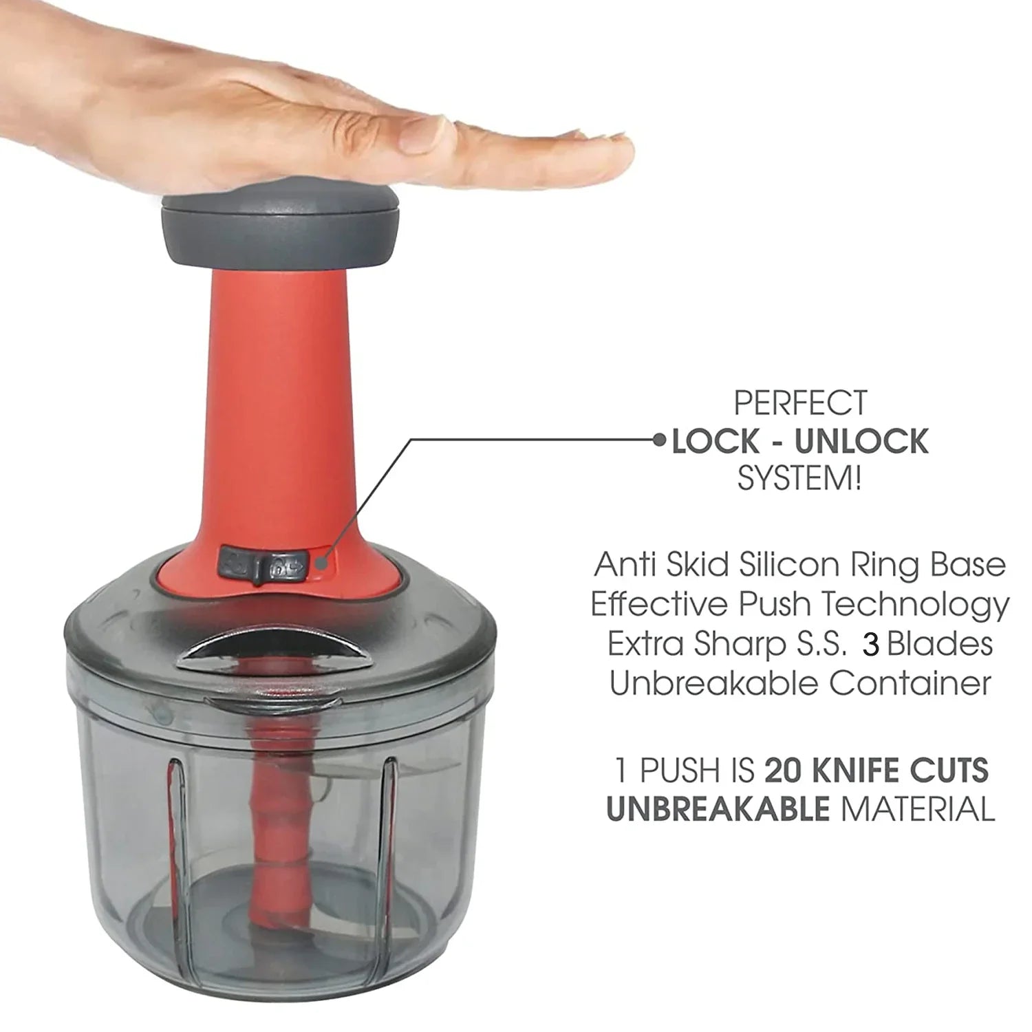 Manual Hand Press Chopper for Easy Kitchen Prep - Market FindsMarket Findsmanual hand press chopper with anti skid base and unbreakable container being pressed by hand
