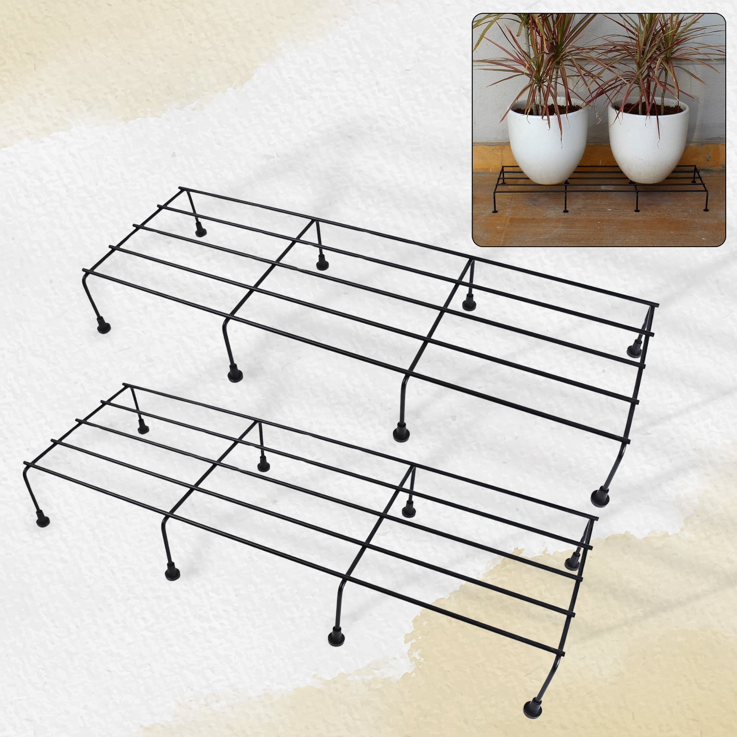 Wukusy black metal balcony plant stand with two tiers for holding multiple potted plants outdoors