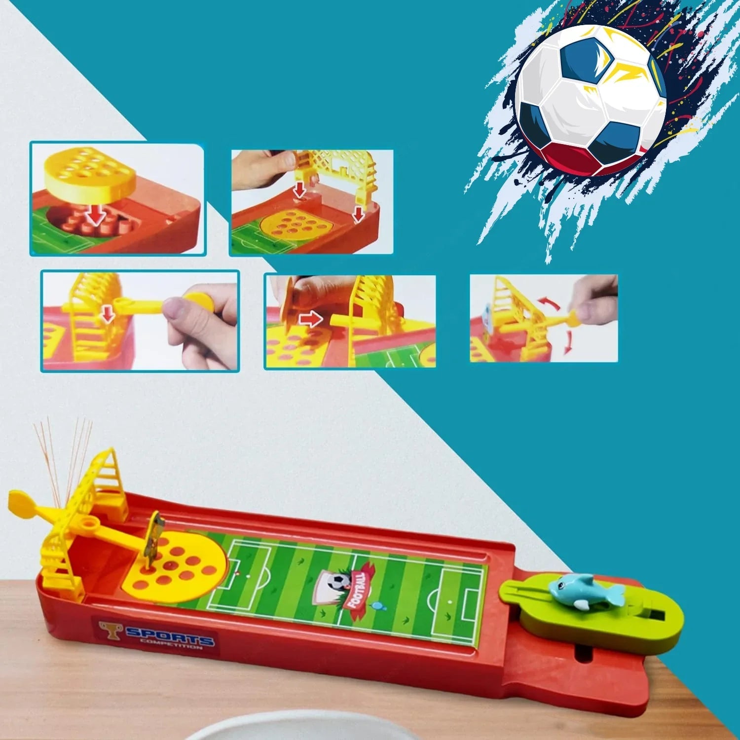 mini finger football game for kids with colorful tabletop soccer field and interactive flick controls