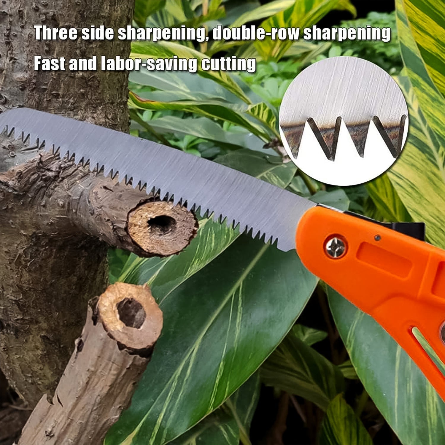 Wukusy mini folding pruning saw with orange handle cutting a branch with sharp teeth close-up