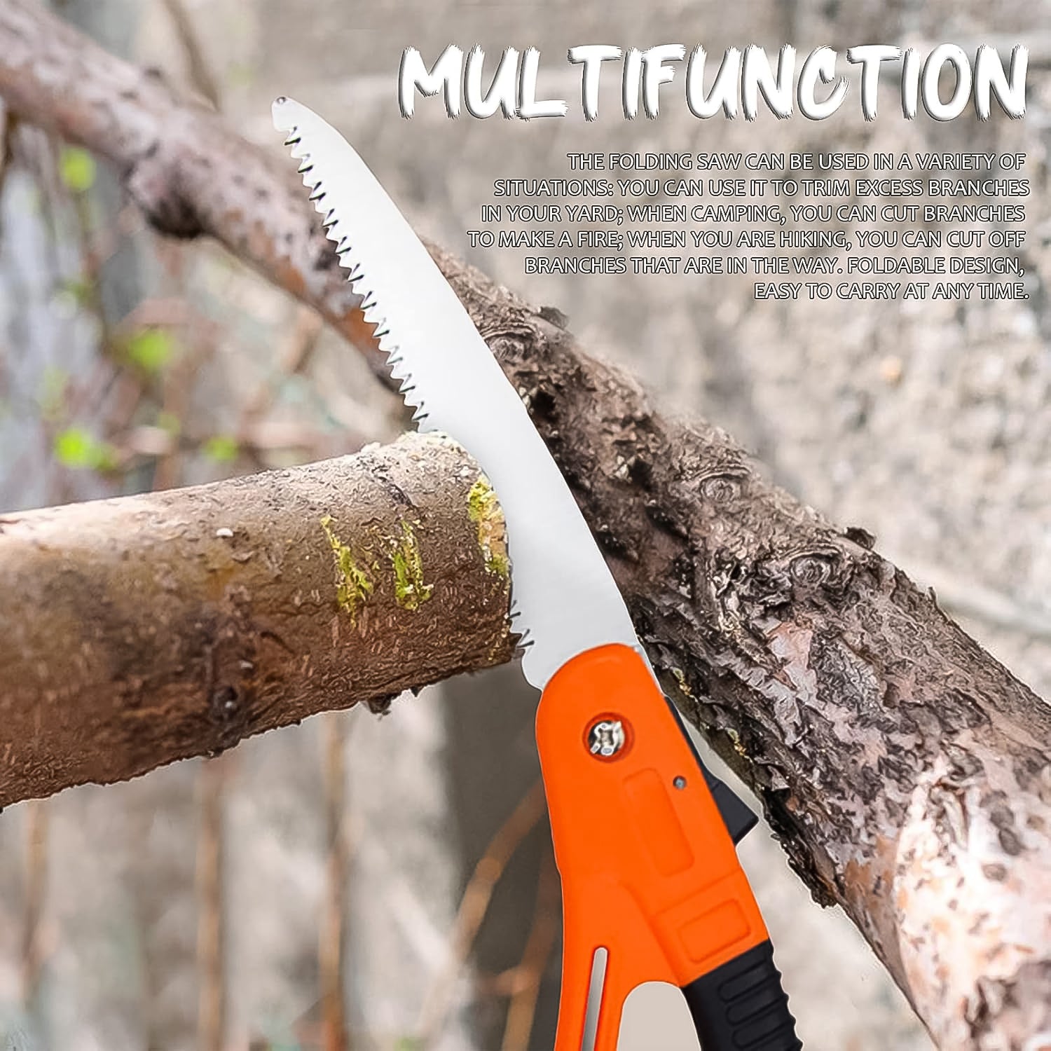 Wukusy mini folding pruning saw with orange handle cutting a tree branch outdoors