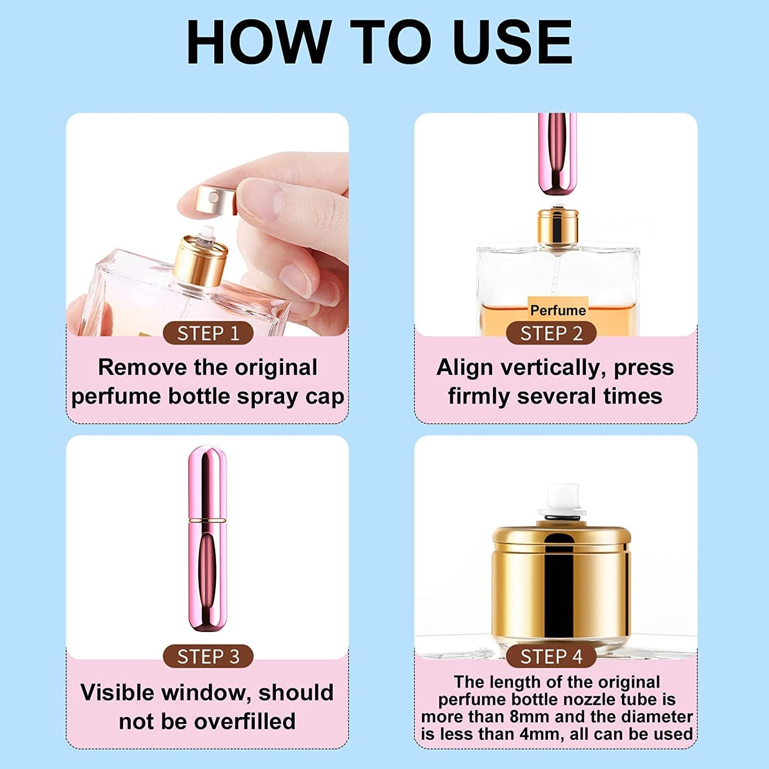 Step-by-step guide showing how to refill mini refillable perfume spray bottle with clear instructions and images