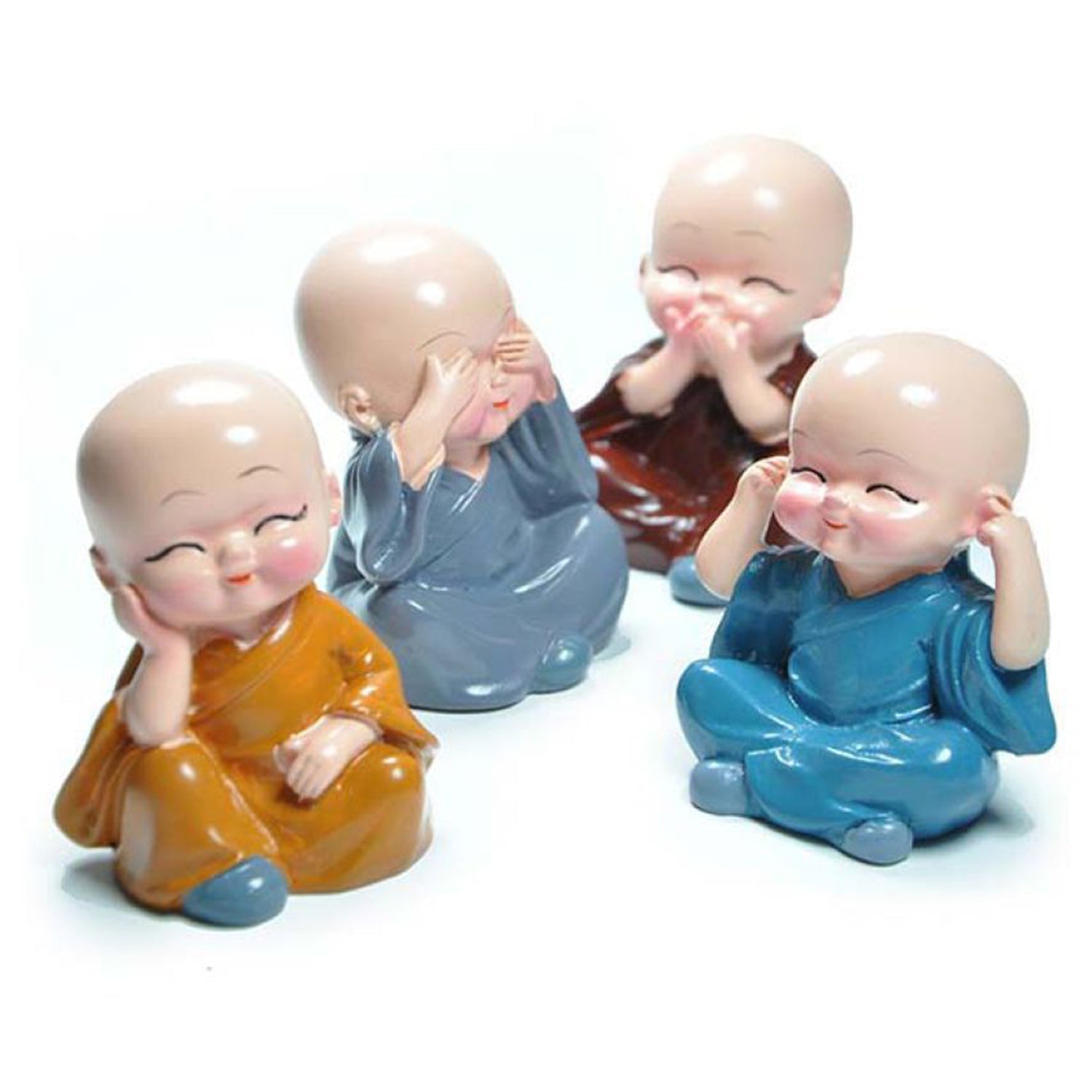Miniature Buddha Decor for Car Dashboard Set - Market FindsMarket Findsminiature Buddha decor for car dashboard showing four meditating monk figurines in colorful robes
