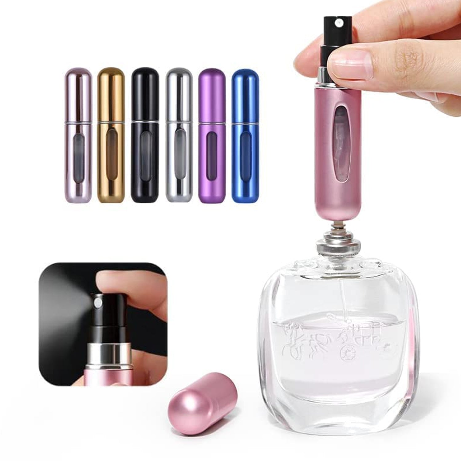 Wukusy mini refillable perfume spray bottle in various colors being filled from a perfume bottle