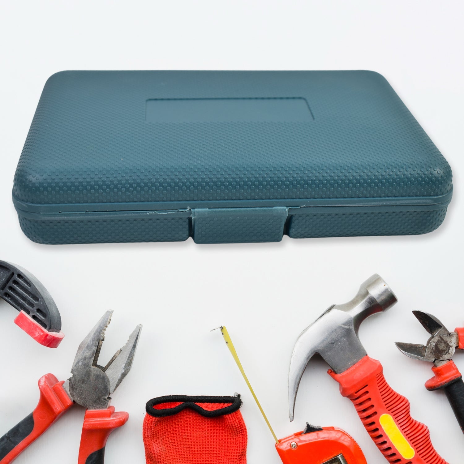 Wukusy multi functional tool set with red-handled hammer, pliers, measuring tape, and protective gloves in a textured blue case