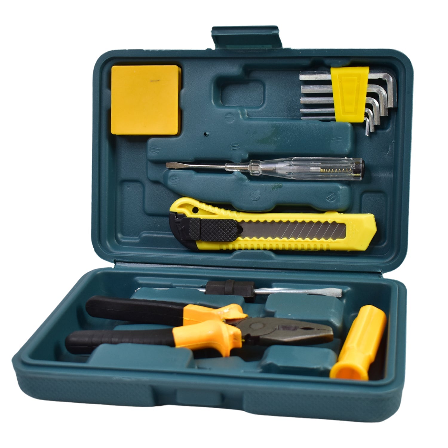 Wukusy multi functional tool set in a green case with pliers, cutter, screwdriver, and hex keys