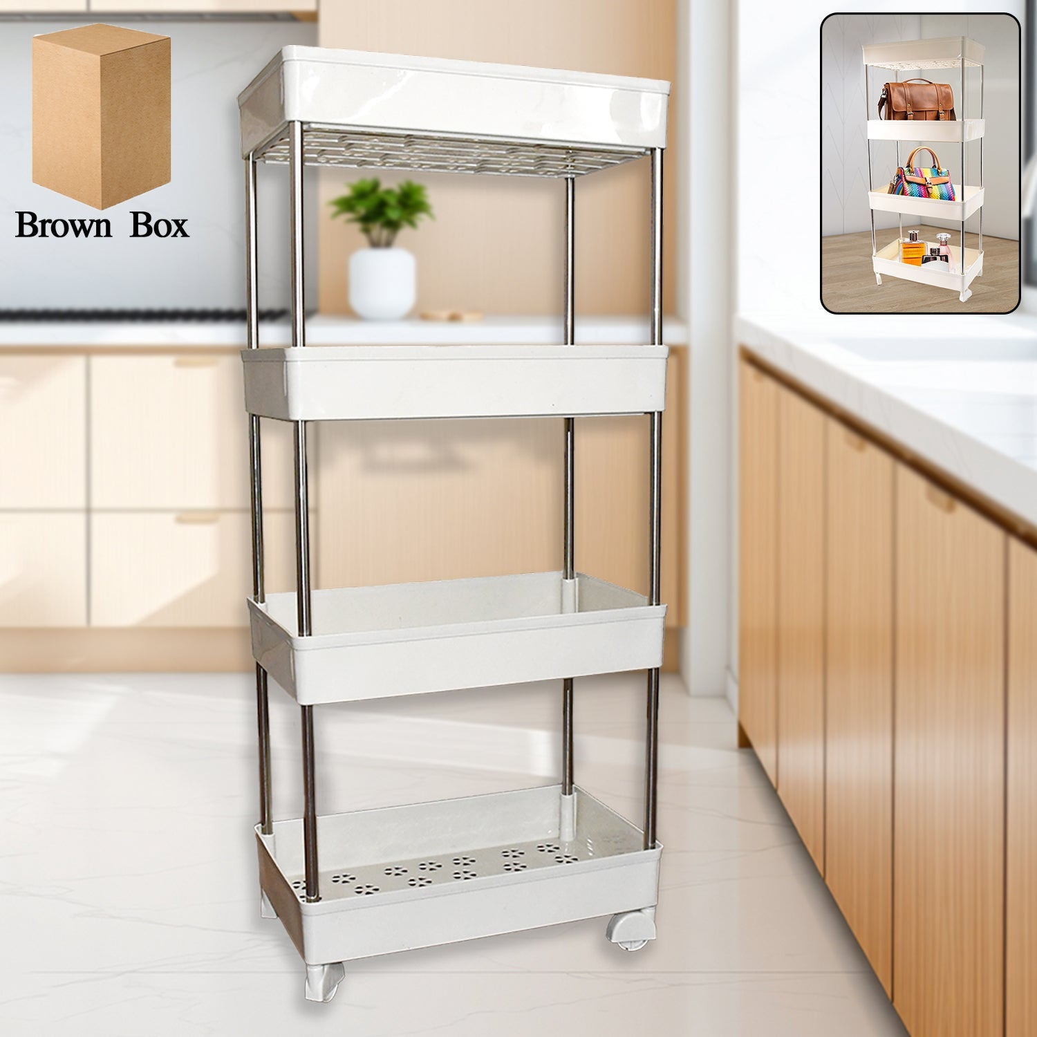 Wukusy multi layer kitchen organizer with four white shelves and metal frame on wheels