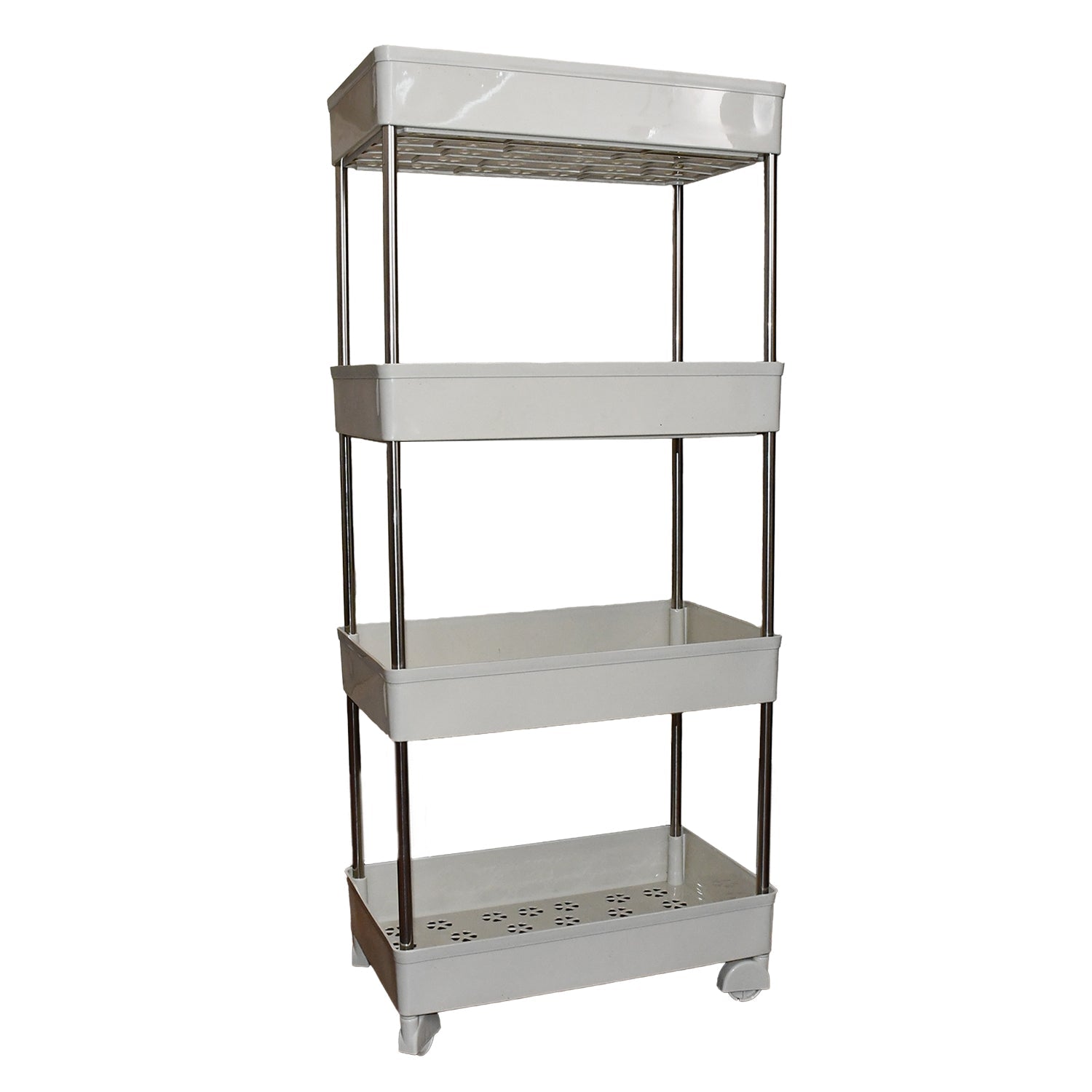 Wukusy multi layer kitchen organizer with four white trays and metal frame on wheels for easy storage