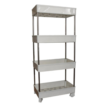 Wukusy multi layer kitchen organizer with four white trays and metal frame on wheels for easy storage