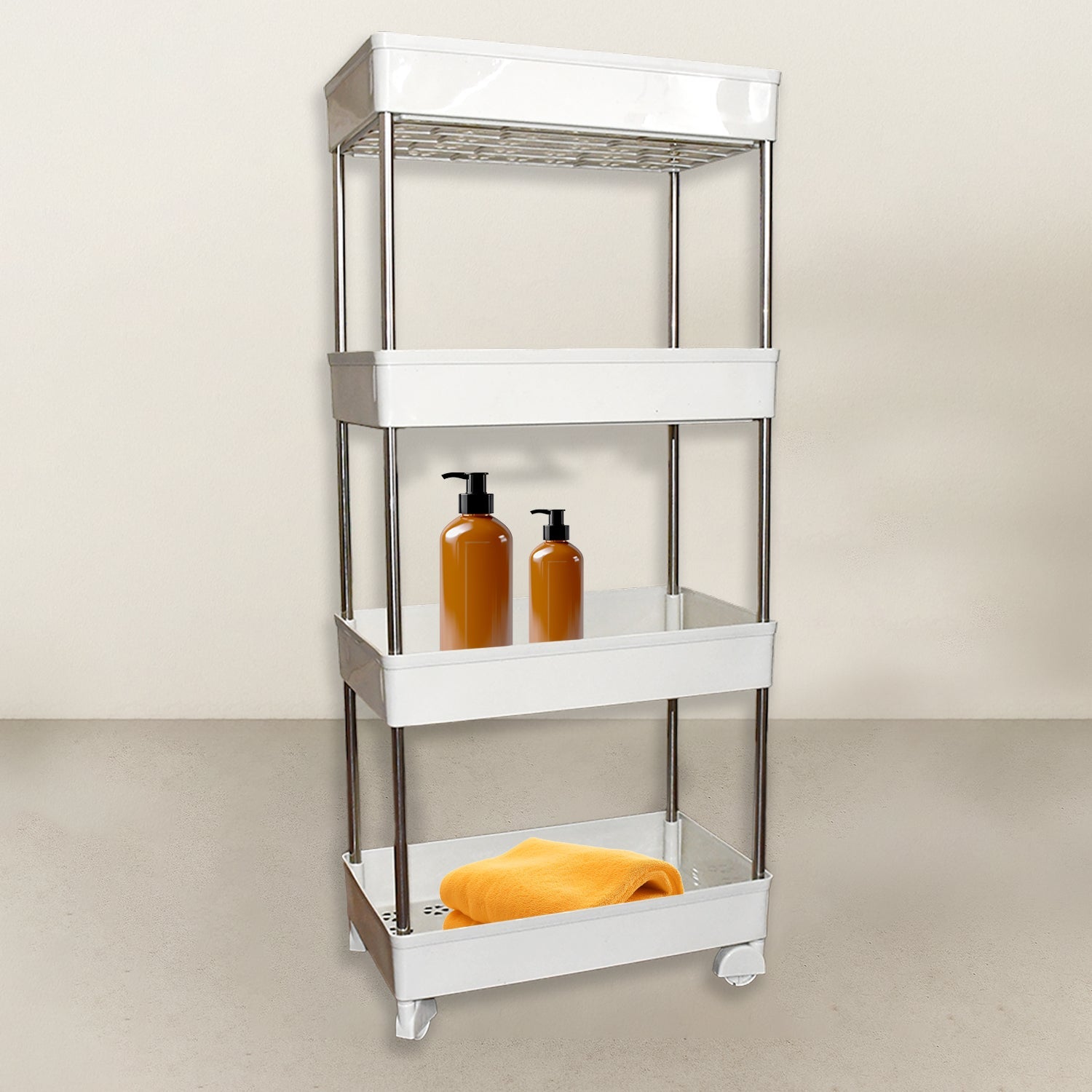 Wukusy multi layer kitchen organizer with four white shelves and metal frame holding bottles and towel