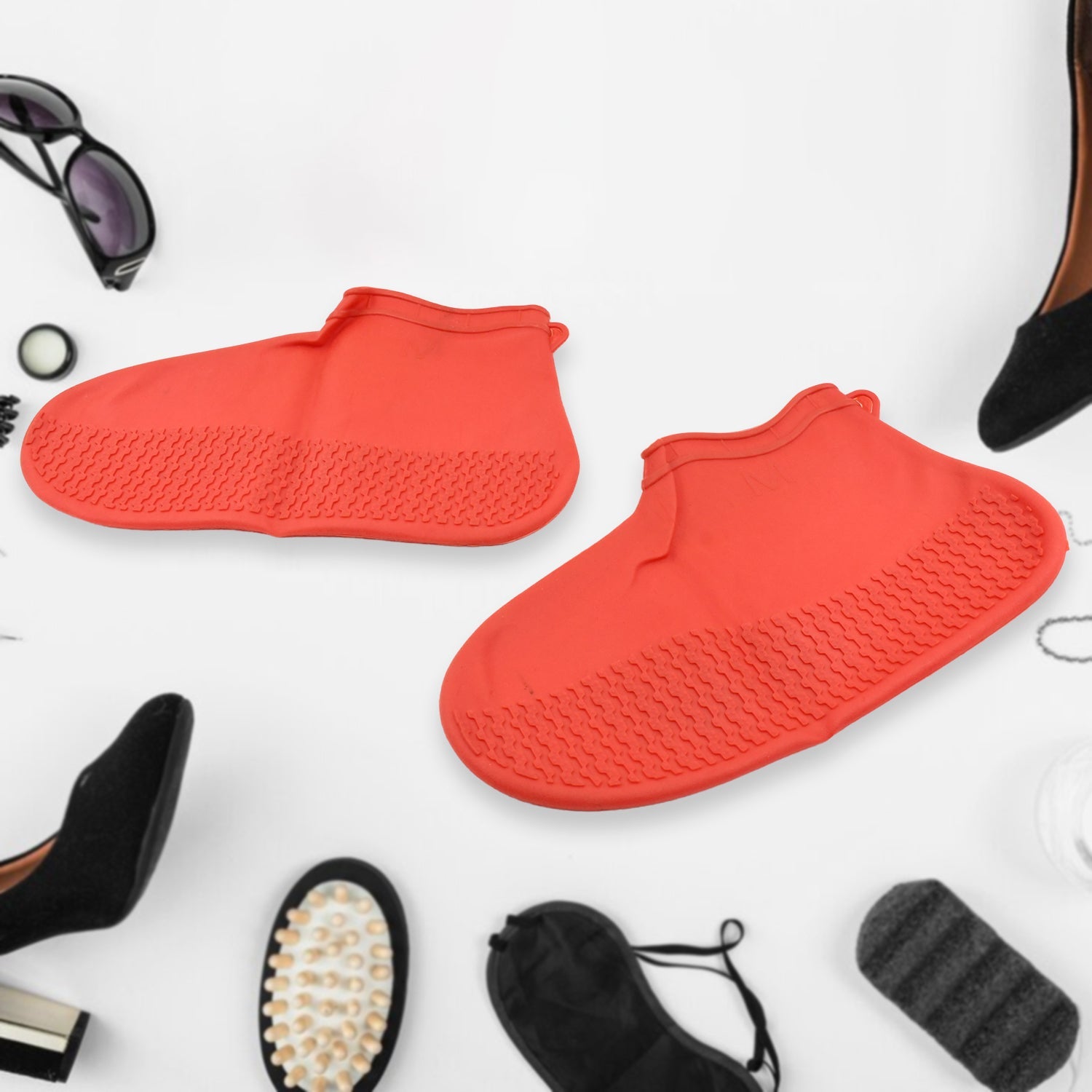 Wukusy red silicone shoe covers waterproof with textured sole for durable slip resistance