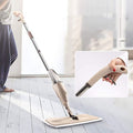 Wukusy spray mop with washable pad in beige being used on wooden floor with close-up of handle