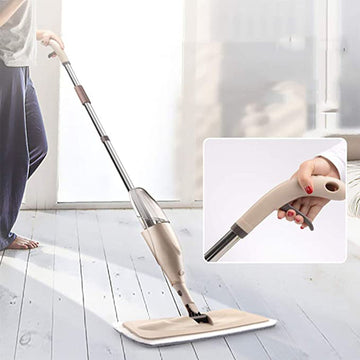 Wukusy spray mop with washable pad in beige being used on wooden floor with close-up of handle