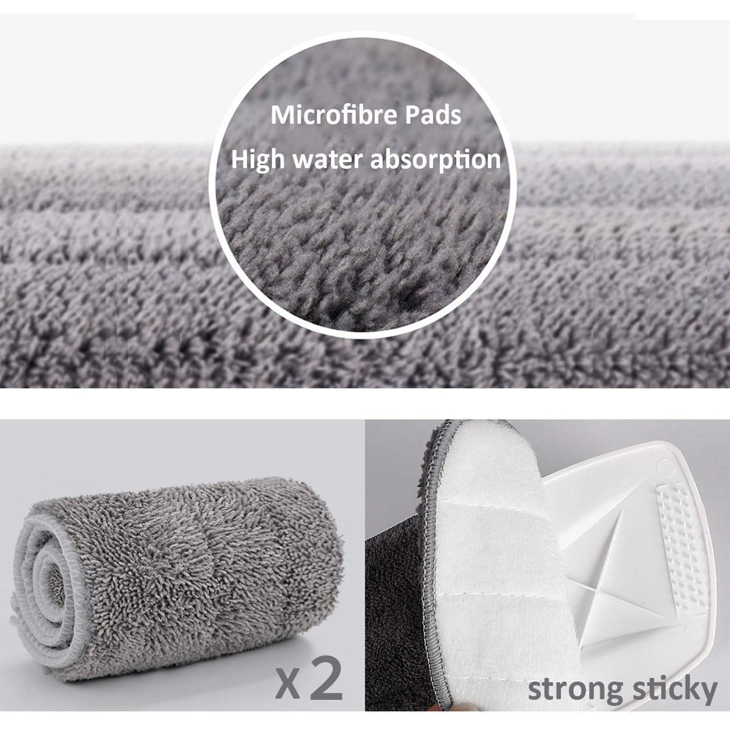 Wukusy spray mop with washable pad featuring gray microfiber pads with high water absorption and strong sticky backing