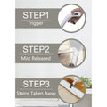 Wukusy spray mop with washable pad demonstrating step by step cleaning process with trigger, mist release, and stain removal
