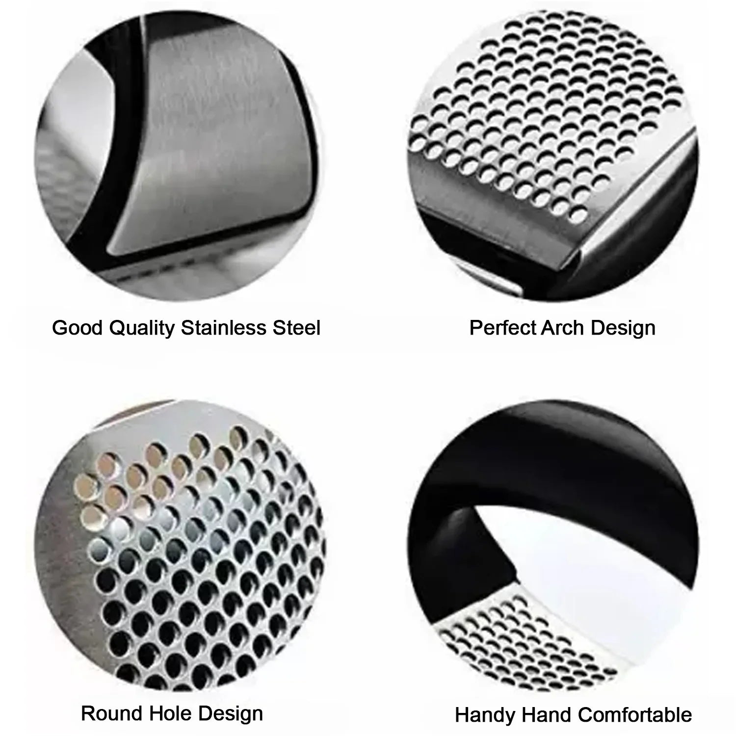 Stainless Steel Garlic Crusher with Ergonomic Handle - Market FindsMarket Findsstainless steel garlic crusher featuring round hole design and comfortable handle for easy crushing