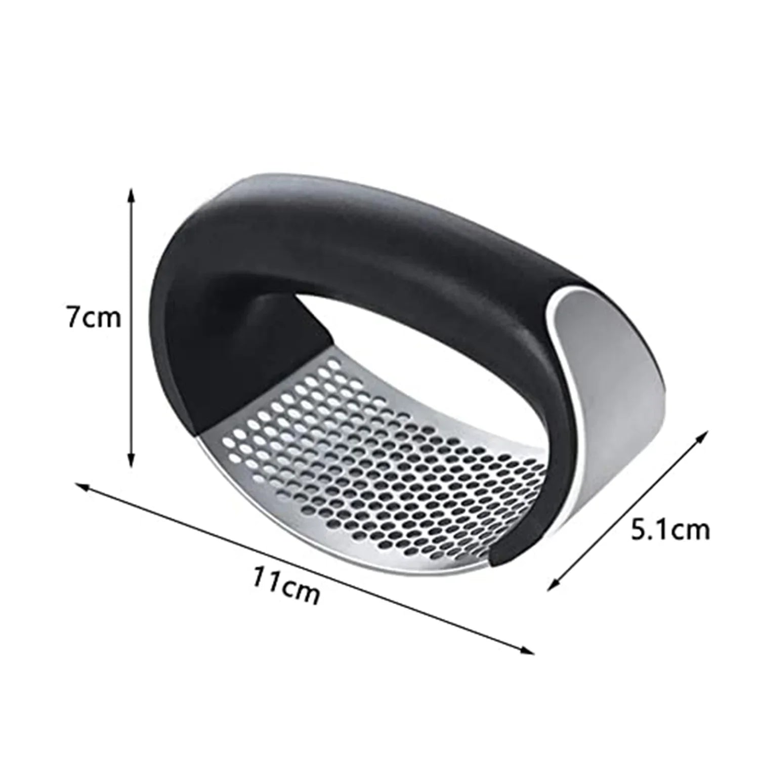 Stainless Steel Garlic Crusher with Ergonomic Handle - Market FindsMarket Findsstainless steel garlic crusher with ergonomic black handle and curved crushing surface