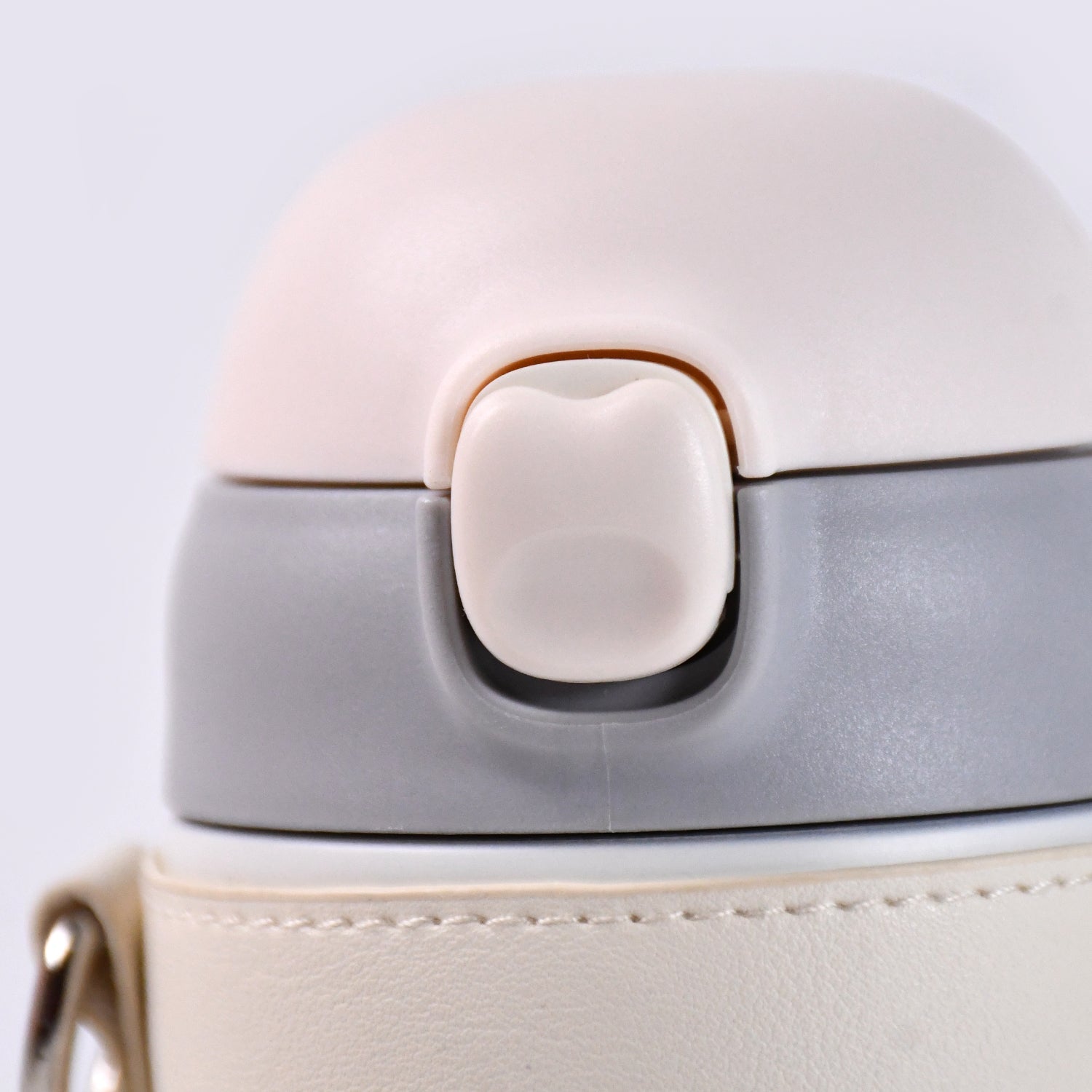 Stainless Steel Insulated Water Bottle with Strap - Market FindsMarket FindsClose - up of Wukusy stainless steel insulated water bottle lid with secure flip cap in beige and gray