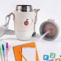 Stainless Steel Insulated Water Bottle with Strap - Market FindsMarket Findsstainless steel insulated water bottle with beige sleeve and straw lid on a white desk