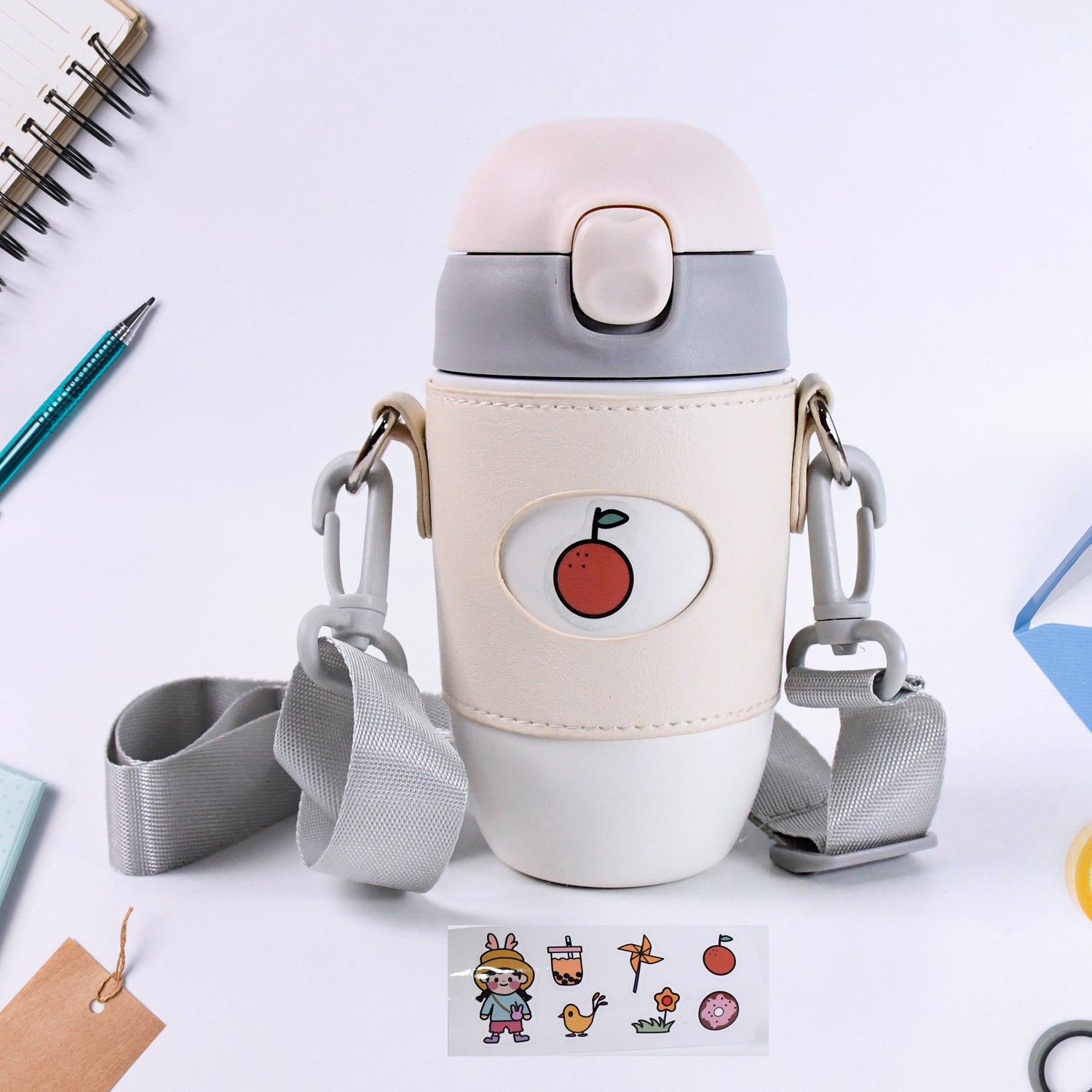 Stainless Steel Insulated Water Bottle with Strap - Market FindsMarket Findsstainless steel insulated water bottle with beige cover and detachable gray strap