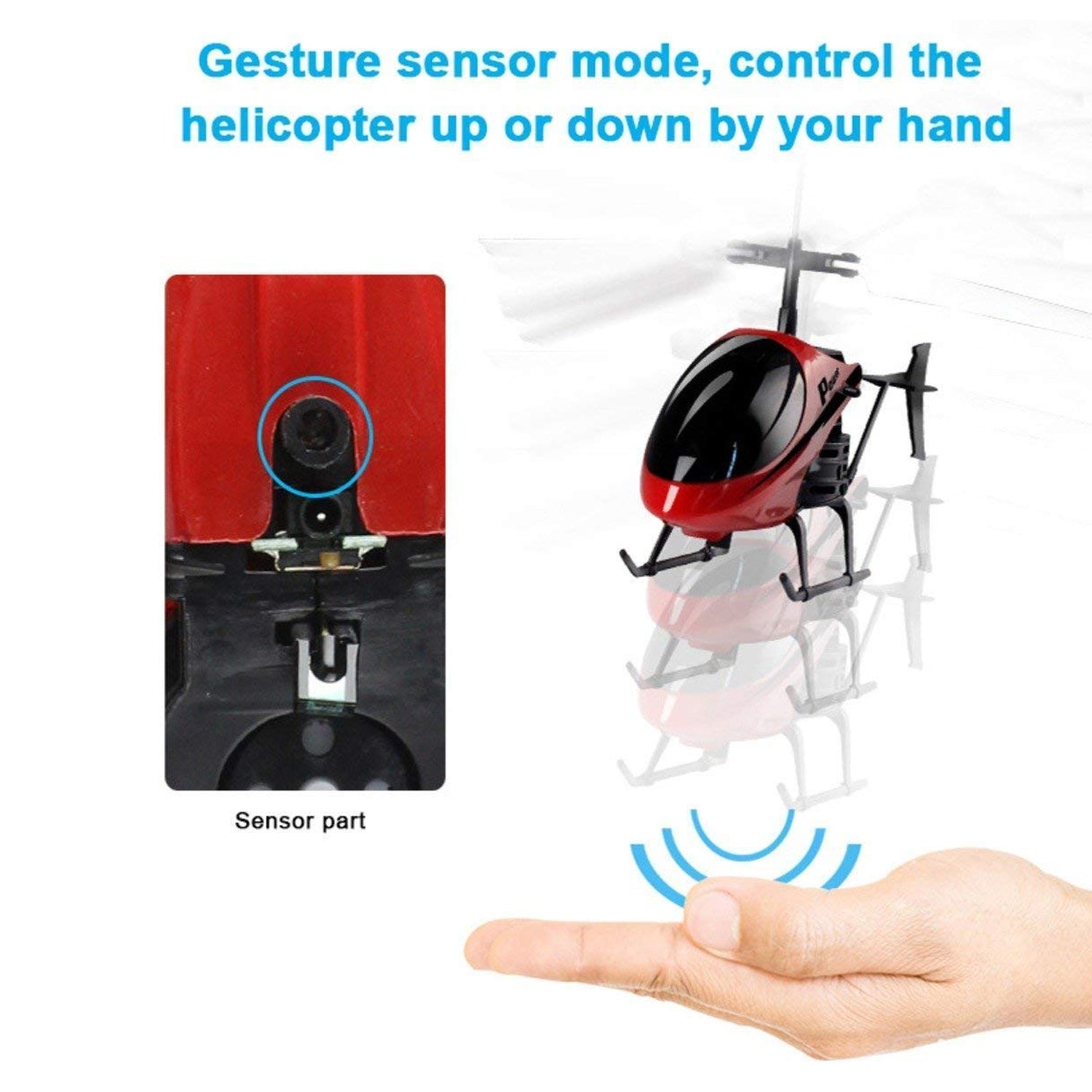 Wukusy remote control helicopter for kids with gesture sensor mode flying above a hand
