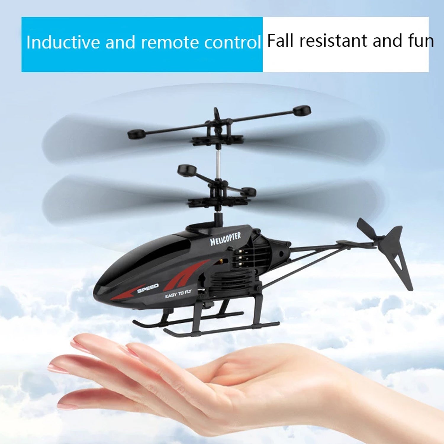 Wukusy remote control helicopter for kids in black flying above hand with blue sky background