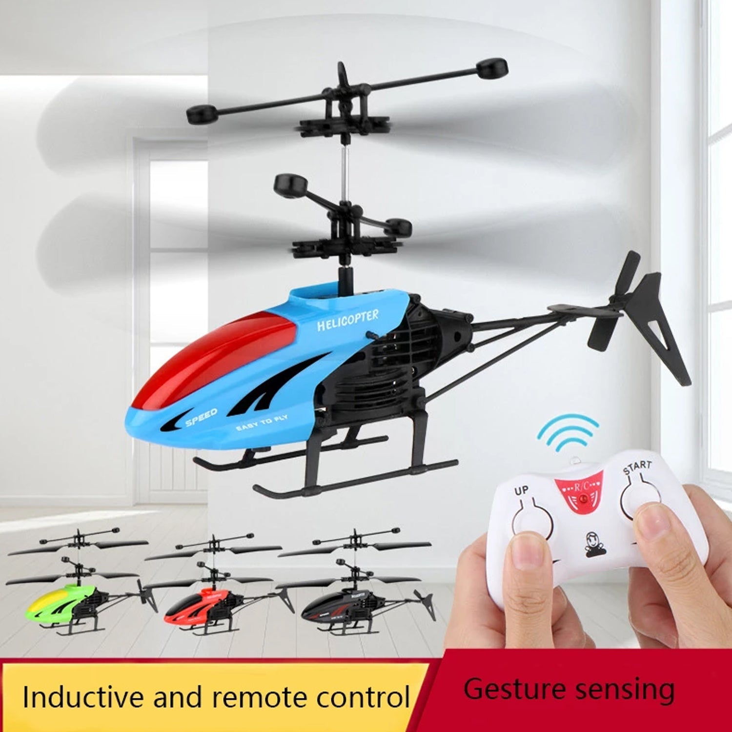 Wukusy remote control helicopter for kids in blue with dual rotors and handheld gesture sensing controller