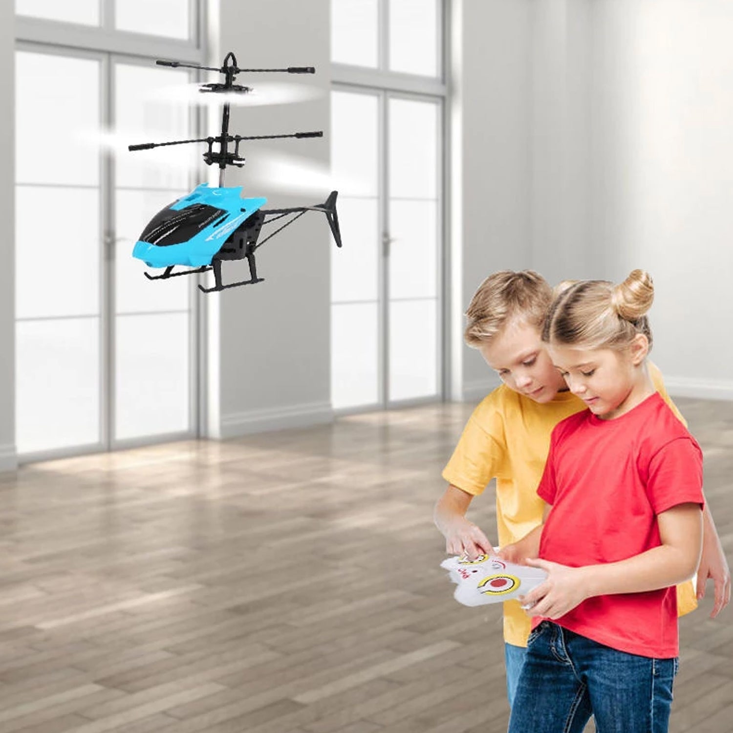 Wukusy remote control helicopter for kids flying indoors with two children playing together