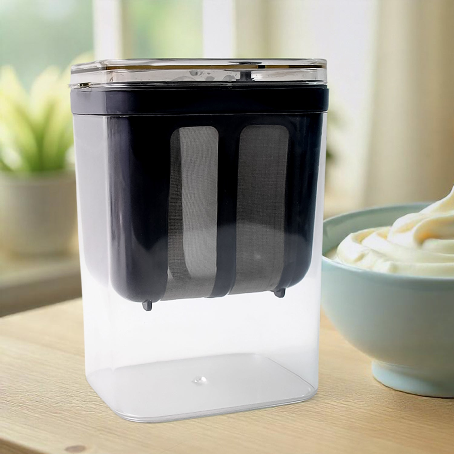 Wukusy 2 in 1 yogurt maker and strainer clear container with black strainer and lid on wooden table
