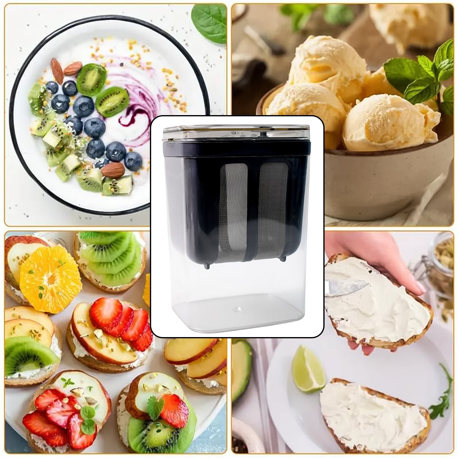 Wukusy 2 in 1 yogurt maker and strainer with black container and clear base surrounded by fresh fruit and yogurt recipes