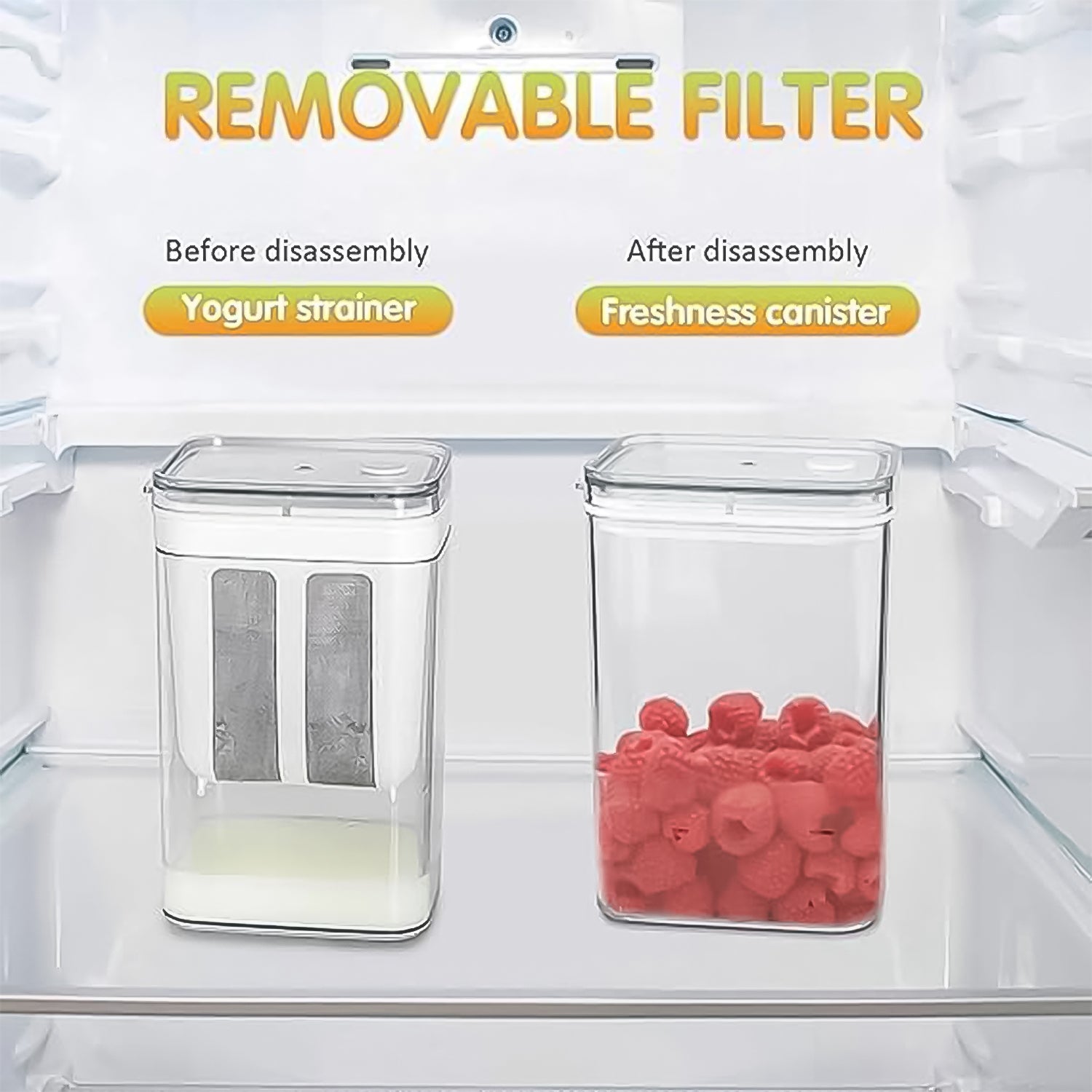 Wukusy 2 in 1 yogurt maker and strainer showing removable filter with yogurt strainer and freshness canister