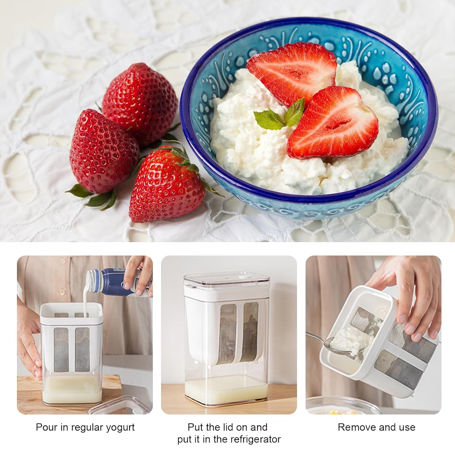 Wukusy 2 in 1 yogurt maker and strainer with container showing pouring, straining, and serving process