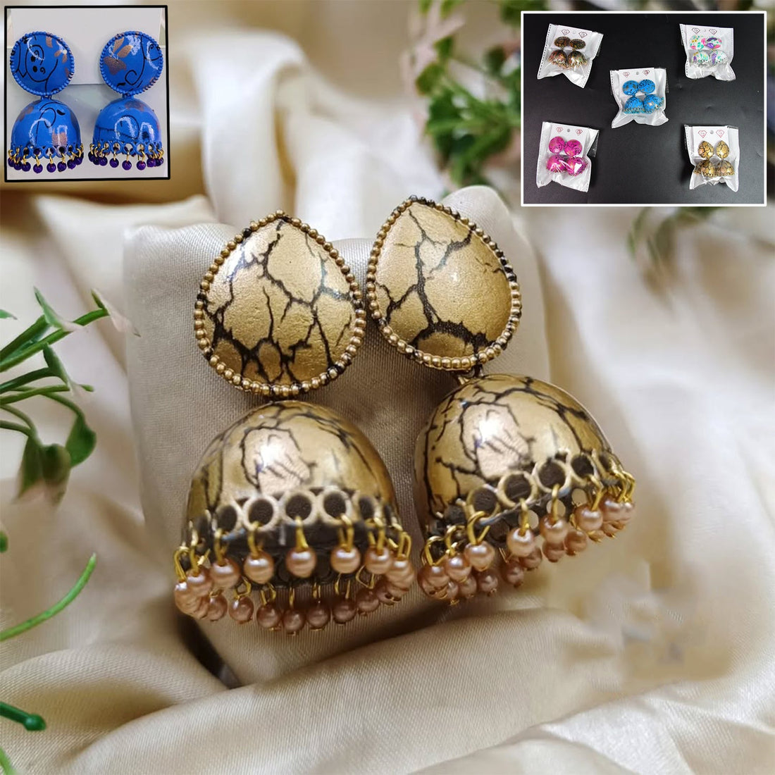 Wukusy traditional jhumka earrings set in gold with pearl detailing and intricate design