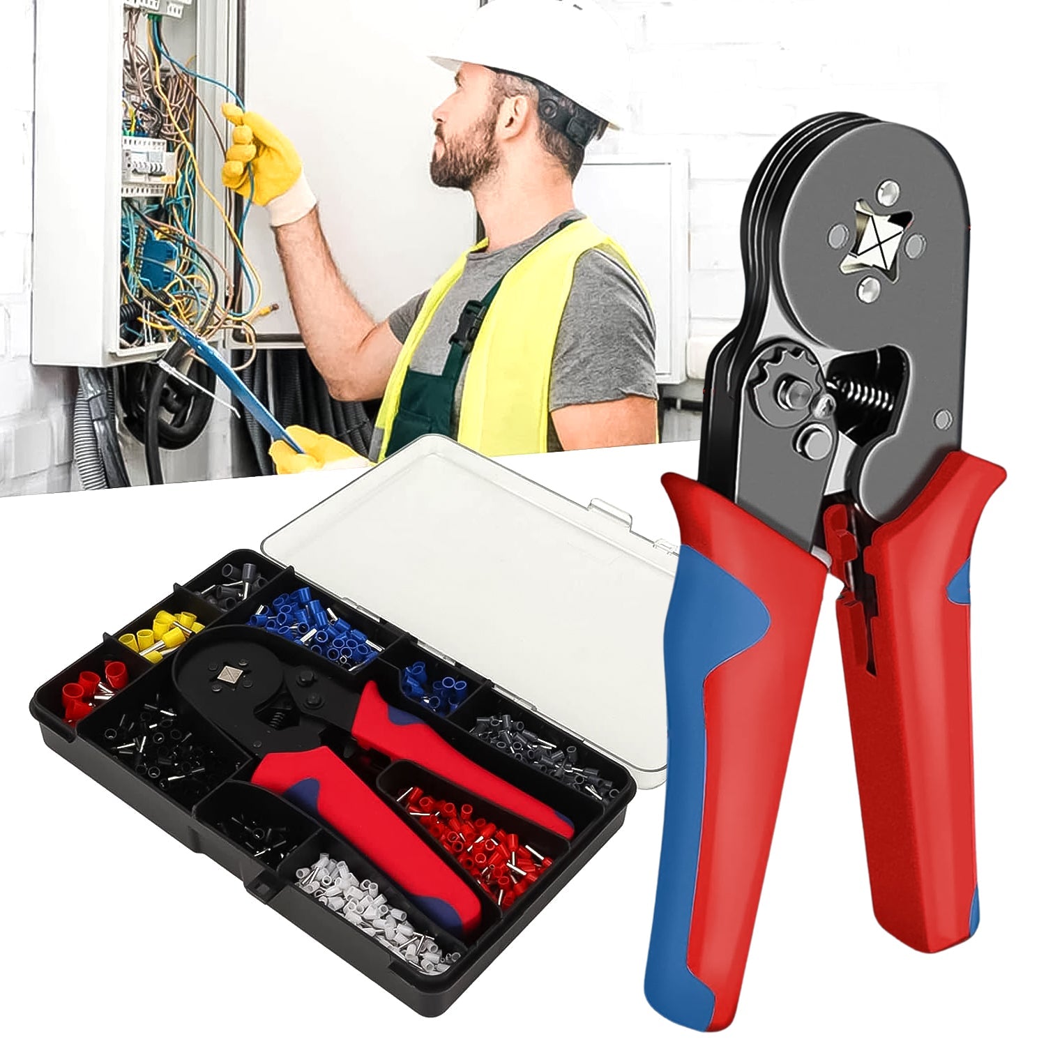 Wukusy wire ferrule kit with crimper featuring red and blue handles and assorted ferrules in a black case