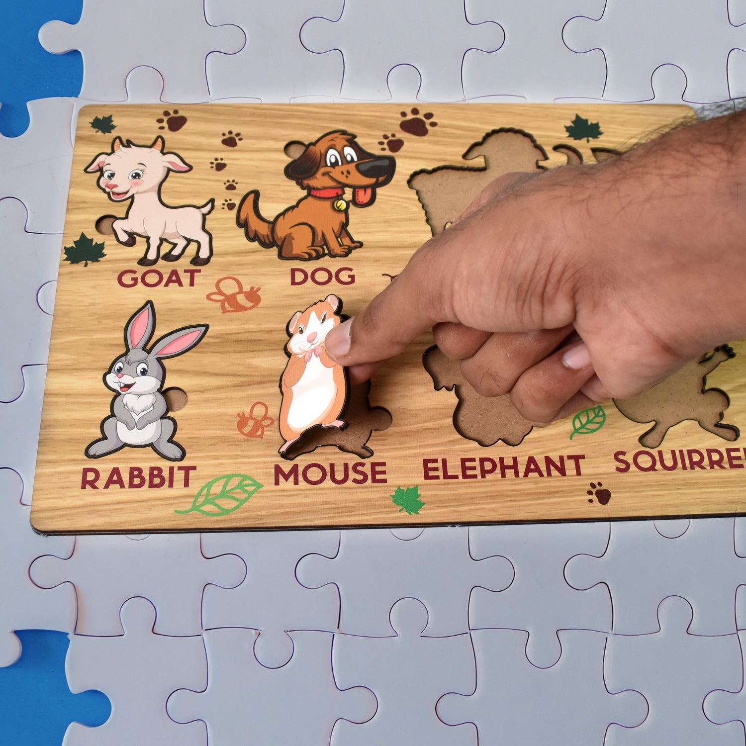 Wukusy wooden animal puzzle for toddlers with colorful animal pieces including goat dog rabbit mouse elephant and squirrel