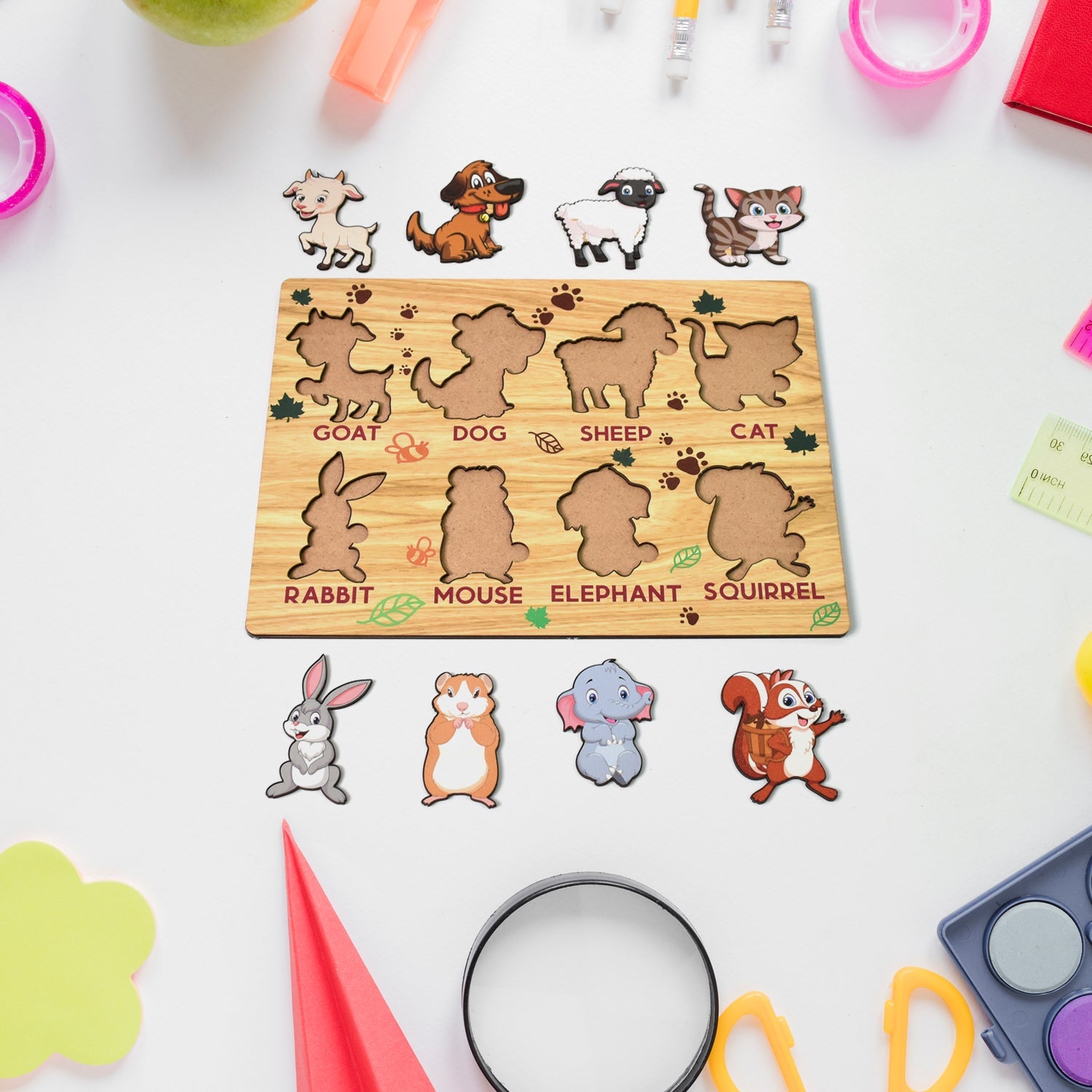 Wukusy wooden animal puzzle for toddlers featuring colorful animal pieces and matching wooden board