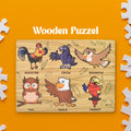 Wukusy wooden bird puzzle for kids featuring colorful cartoon birds including rooster, crow, sparrow, owl, eagle, and parrot