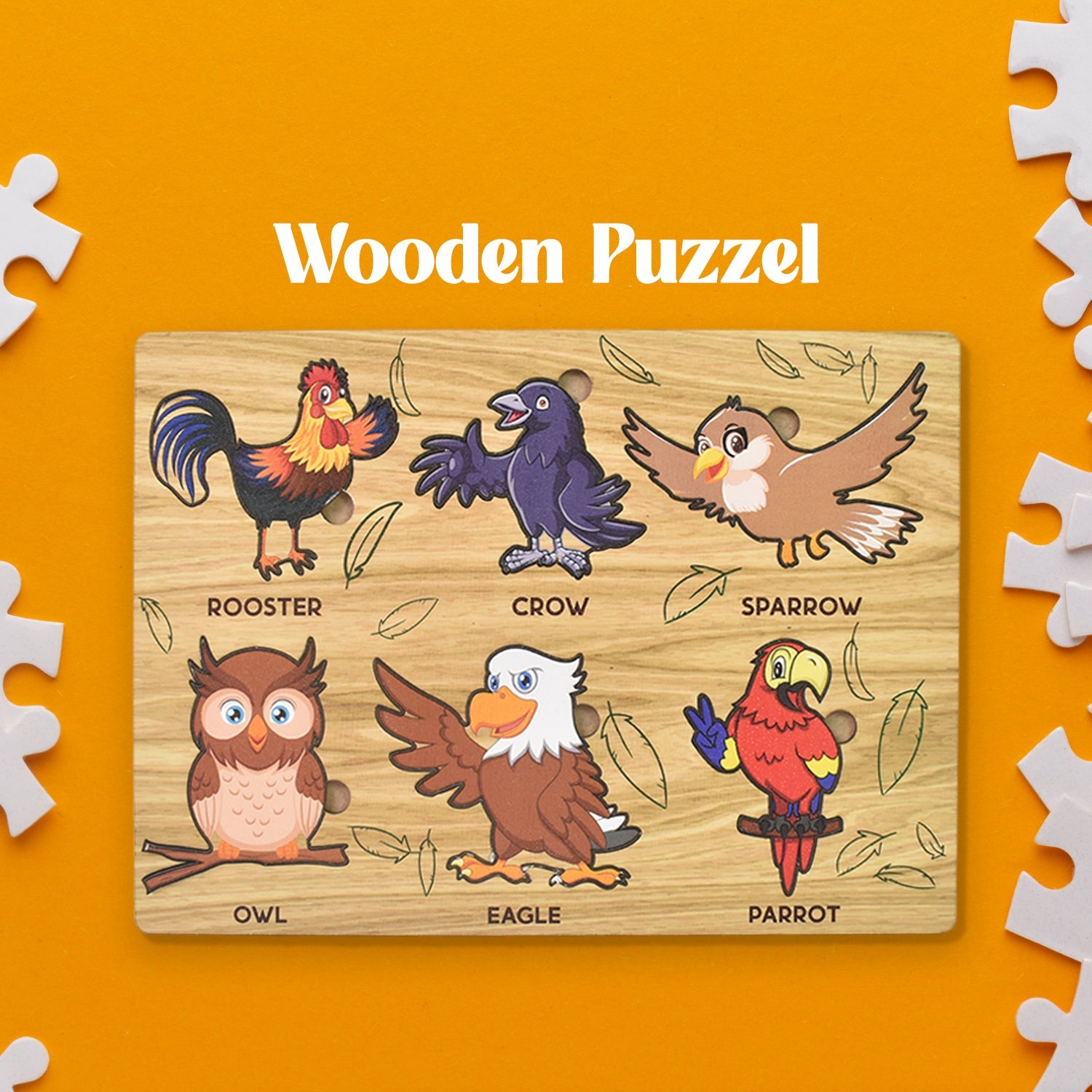Wukusy wooden bird puzzle for kids featuring colorful cartoon birds including rooster, crow, sparrow, owl, eagle, and parrot