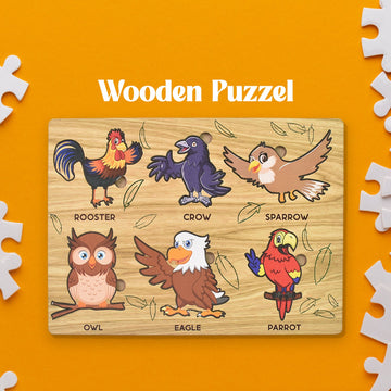 Wukusy wooden bird puzzle for kids featuring colorful cartoon birds including rooster, crow, sparrow, owl, eagle, and parrot