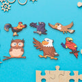 Wukusy wooden bird puzzle for kids featuring colorful bird-shaped pieces on a blue background